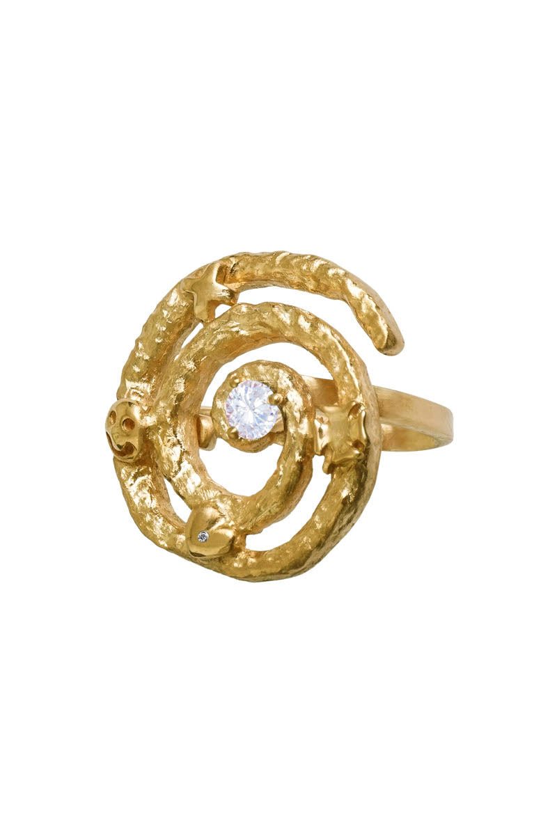 Έλικα Ασημένιο Δαχτυλίδι με Κίτρινο Επιχρύσωμα και Λευκή Πέτρα