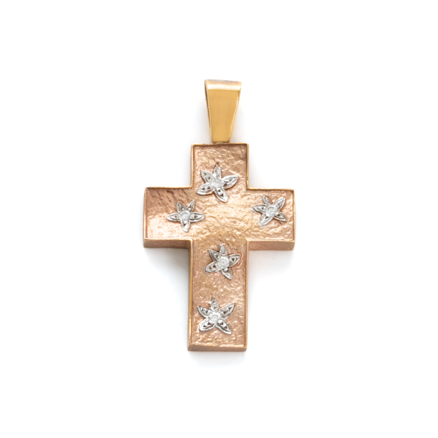 Σταυρός Ροζ Χρυσός Ματ Πλατύς με Λευκόχρυσα Λουλουδάκια (072866)