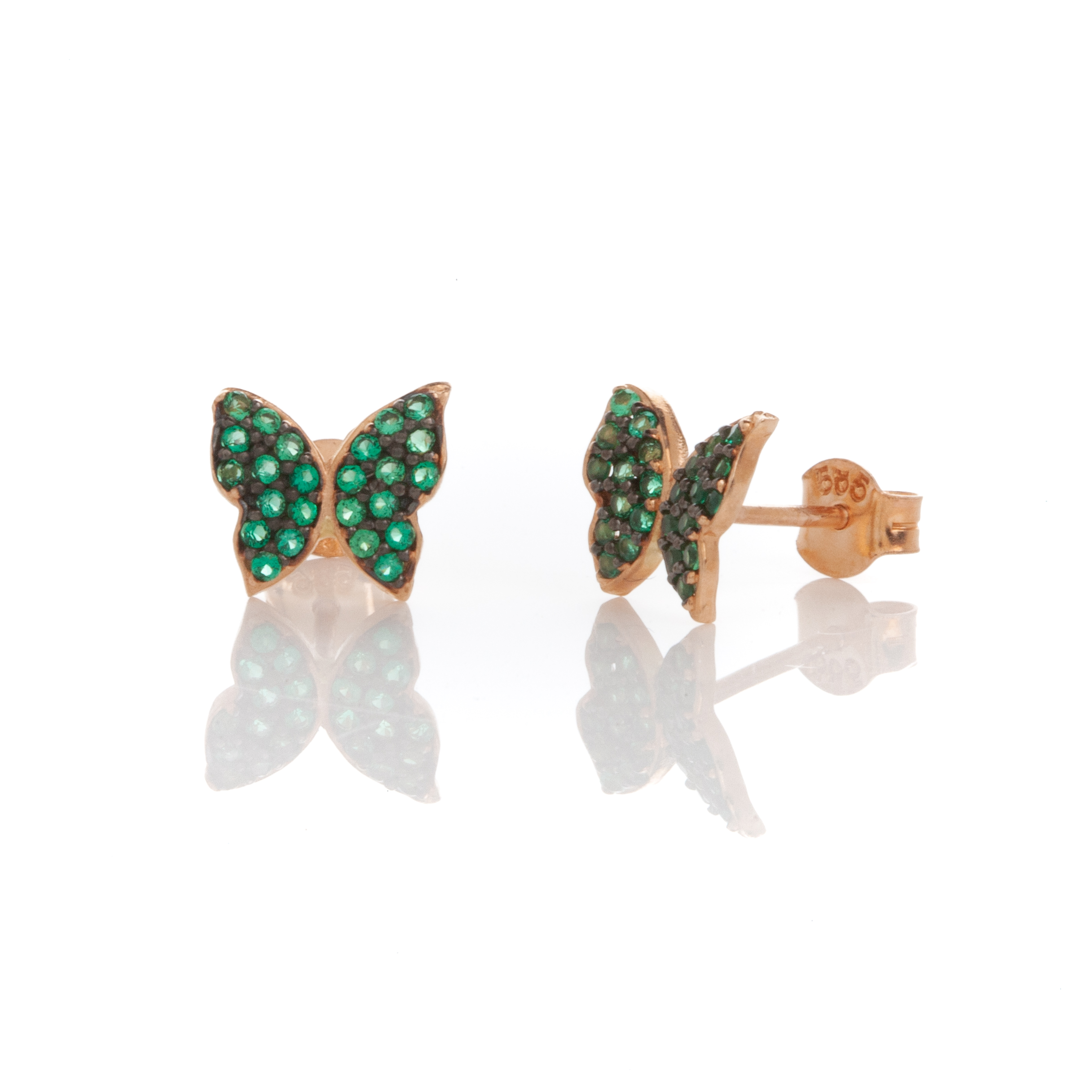 Σκουλαρίκια Πεταλούδες Ροζ Χρυσά με Πράσινα Ζιργκόν