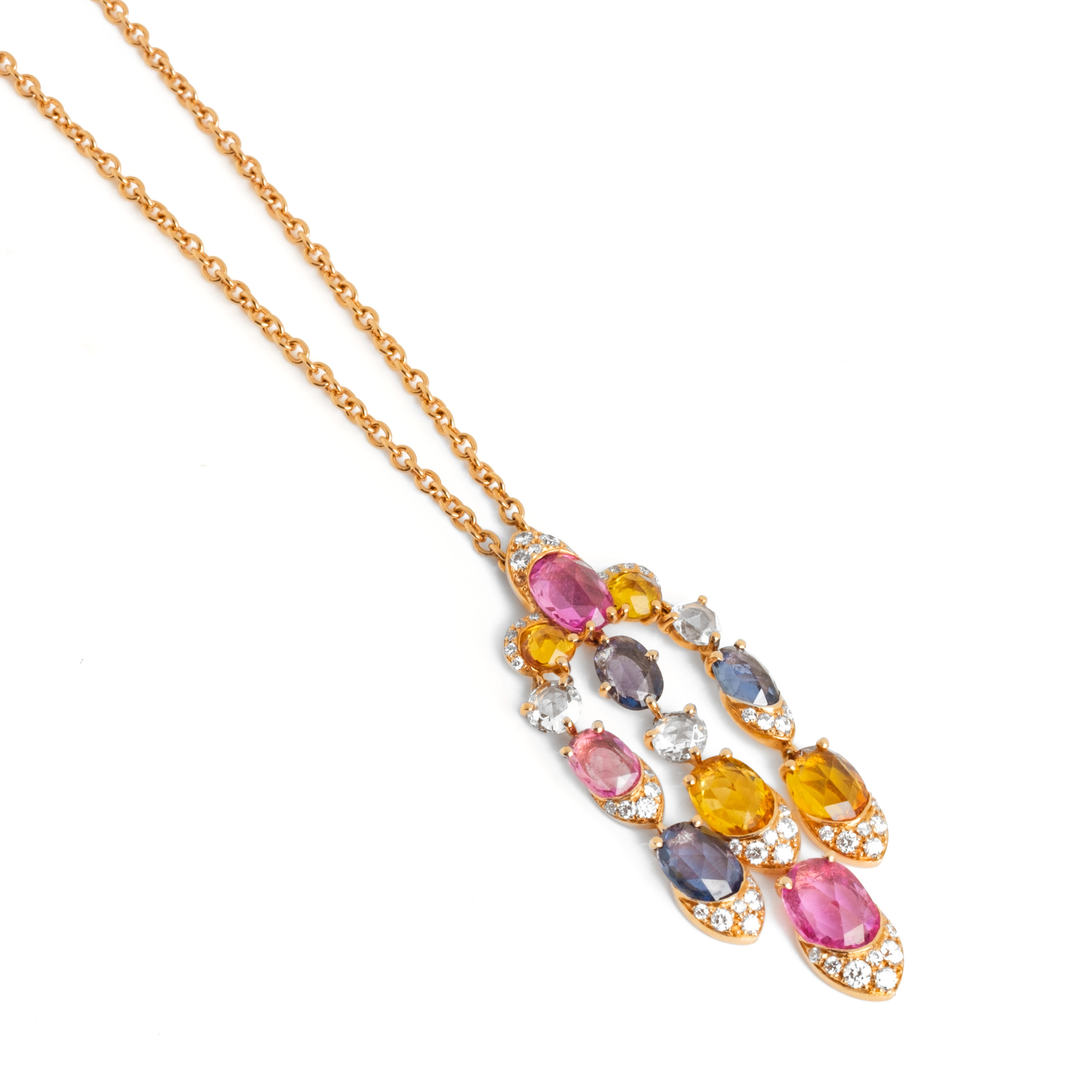Κολιέ Ροζ Χρυσό Chandelier με Πολύχρωμα Ζαφείρια και Διαμάντια