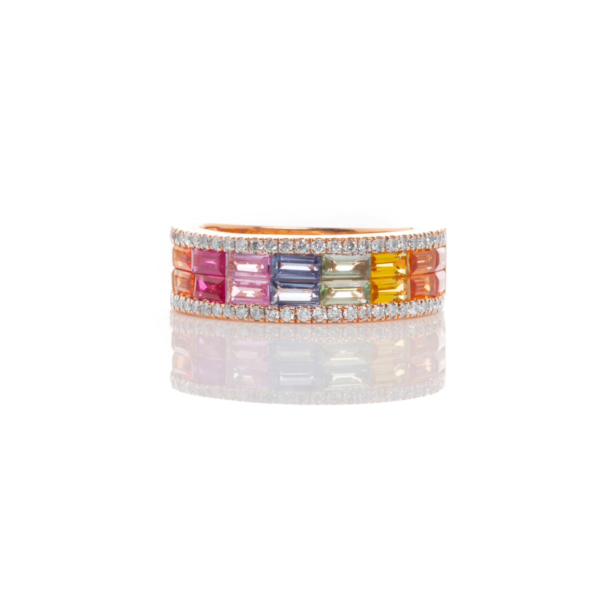 Rainbow Μισόβερο Ροζ Χρυσό Δαχτυλίδι με Διπλή Σειρά Multicolored Sapphires και Μπριγιάν