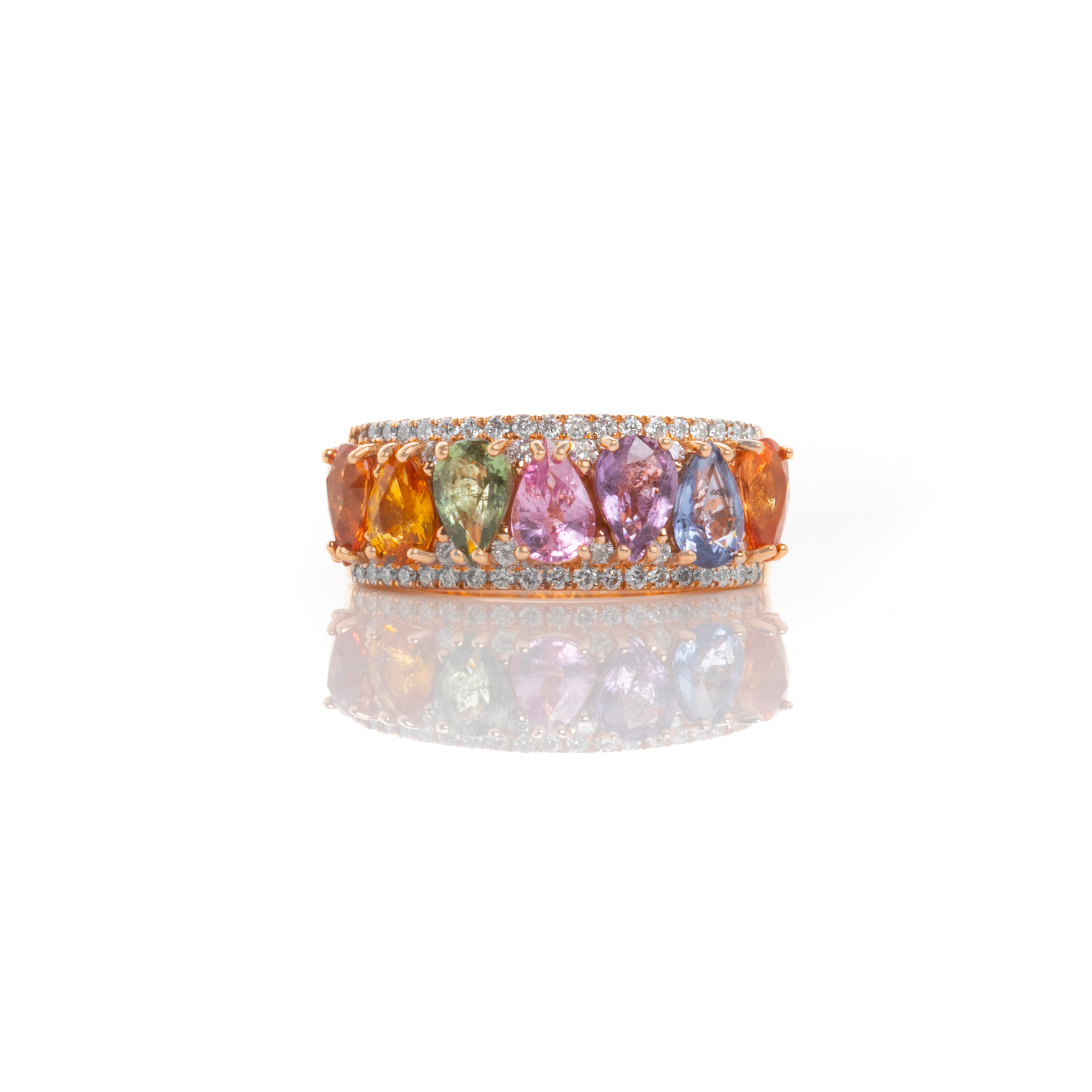 Rainbow Ροζ Χρυσό Δαχτυλίδι με Pear Cut Multicolored Sapphires και Μπριγιάν