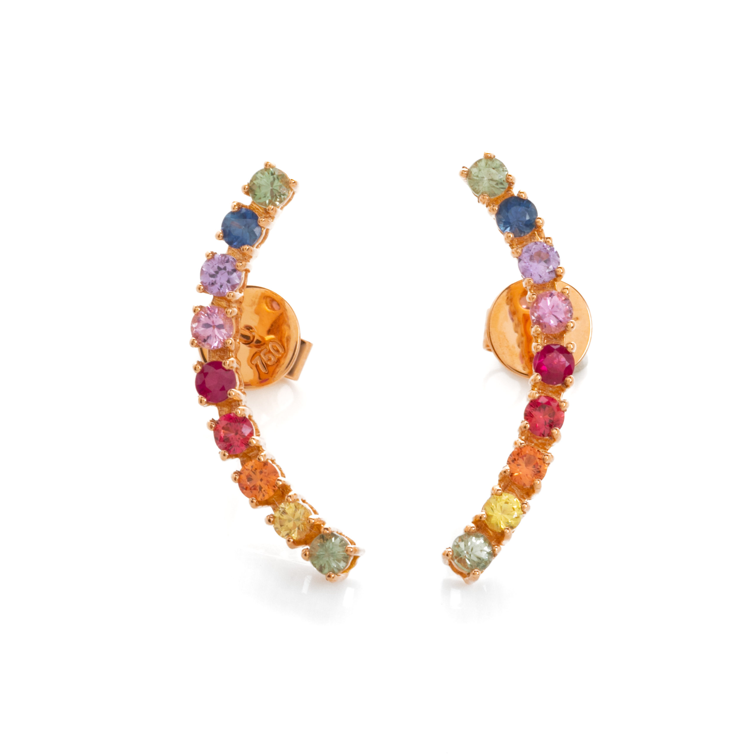 Rainbow Ροζ Χρυσά Ear Climbers με Multicolored Sapphires