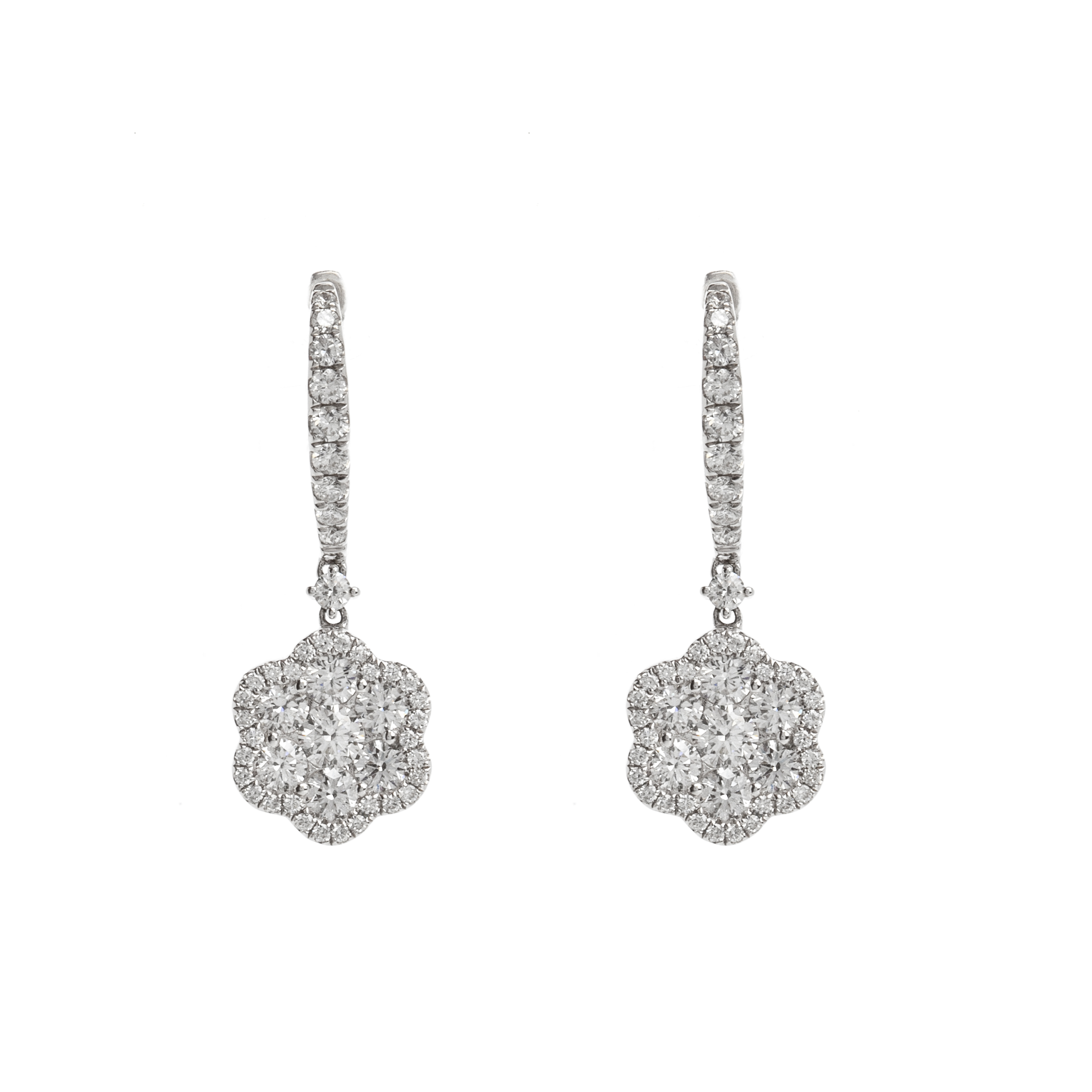 White Gold Flower Drop Earrings with Diamonds (1.93ct)