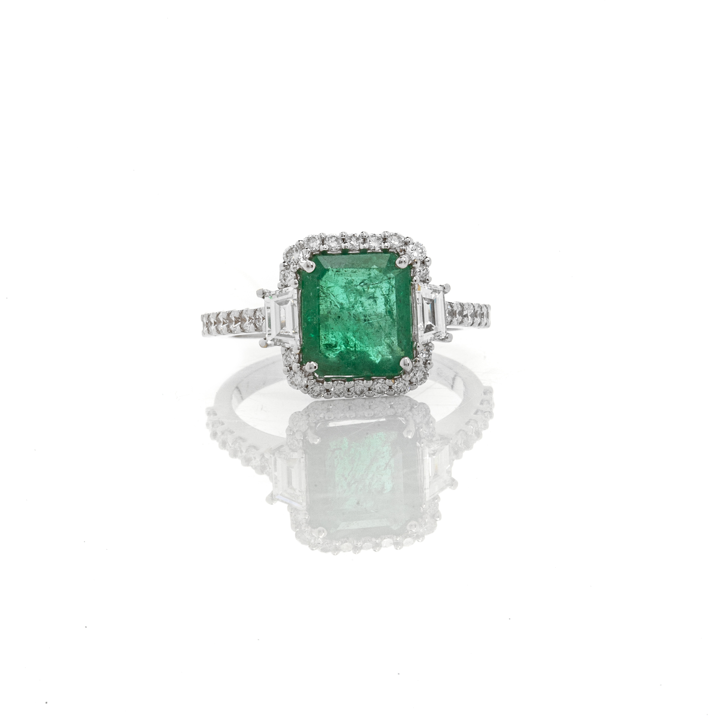 White Gold Rosette Ring with Octagonal Emerald and Diamonds (2.24ct)
